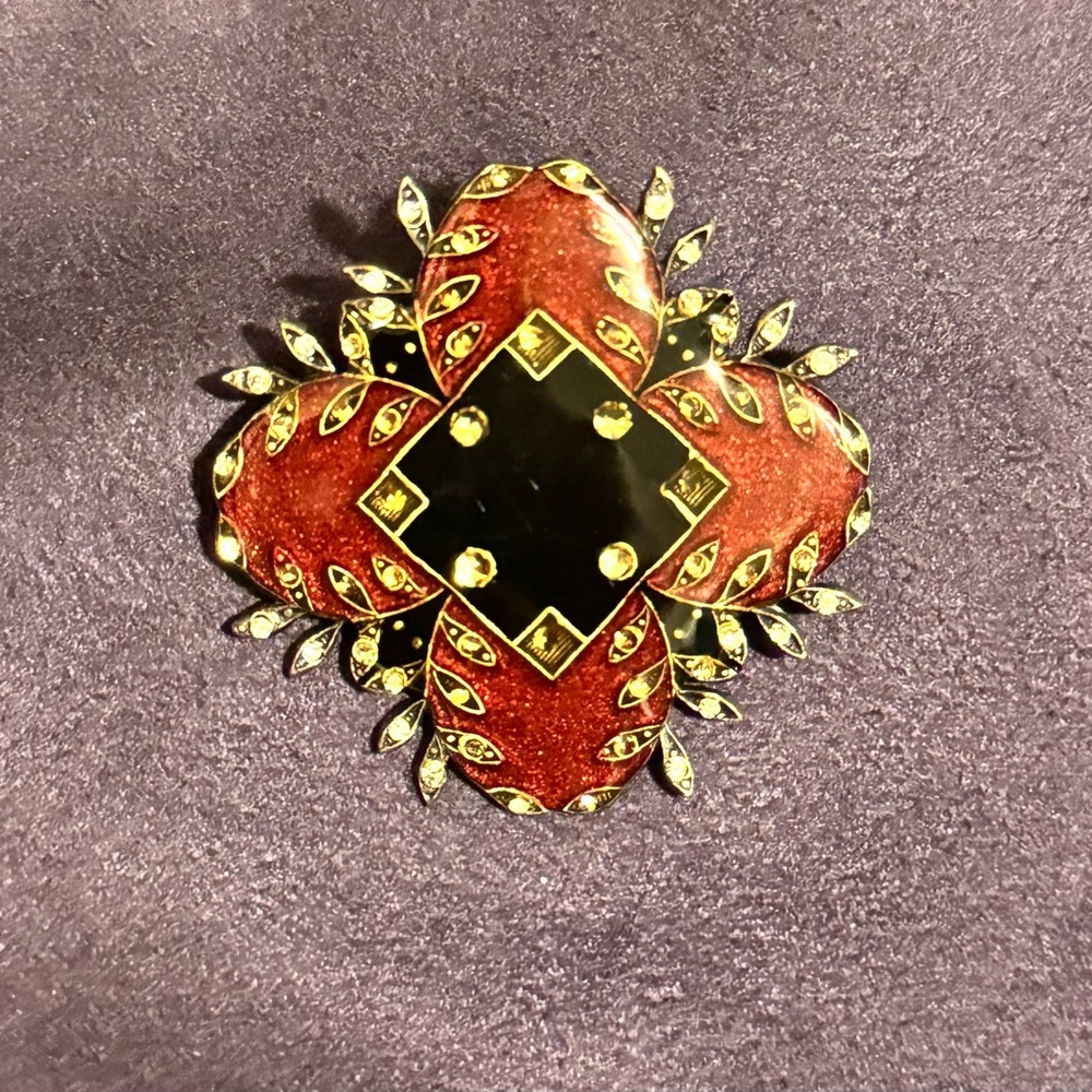 Catherine Popesco Vintage Burgundy and Black Enamel Brooch w/ Filigree EUC